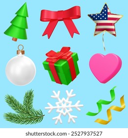 3d Christmas icons set. Vector illustration. Christmas tree, christmas ball, red bow, heart, evergreen pine tree branches, snowflake, serpentine, gift box set. Xmas decoration for New year celebration