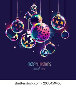  3D Christmas iridescent balls. New year decoration. Bright light illustration.