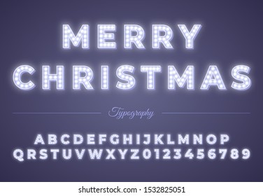 3d Christmas Light Bulb Alphabet Isolated On Blue Background. Winter Xmas Or New Year Party Celebration. Retro Glowing Font. Vintage Typography. Vector Illustration.