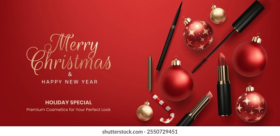 A 3D Christmas make up banner red and gold lipstick, mascara, and shiny balls and baubles, designed for a glamorous holiday advertisement. Gift card Not AI