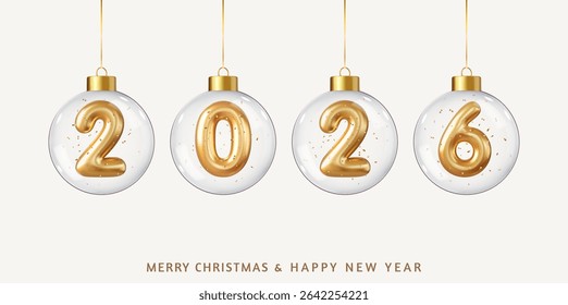 3d Christmas and New Year 2026 greeting card with balls,, ribbon, confetti. Golden number in glass bauble. Xmas Poster, banner, cover card, brochure flyer. 3d rendering. Vector illustration