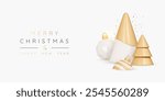 3D Christmas and New Year background with golden pine tree and decoration balls. Xmas holiday composition for getting card. Celebration banner with floating confetti. 3D Vector illustration poster