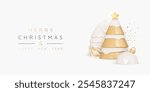 3D Christmas and New Year background with golden pine tree and decoration balls. Xmas holiday composition for getting card. Celebration banner with floating confetti. 3D Vector illustration poster