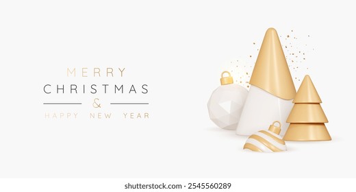 Fundo de Natal 3D e Ano Novo com pinheiro dourado e bolas de decoração. Composição de Natal para obter o cartão. Banner de celebração com confete flutuante. Cartaz de ilustração vetorial 3D