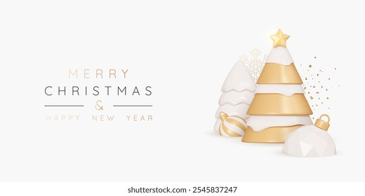 3D Weihnachts- und Neujahrshintergrund mit goldenem Kiefernbaum und Dekorationsbällen. Weihnachtsferienzusammensetzung für das Erhalten der Karte. Festbanner mit schwimmendem Konfetti. 3D-Vektorgrafik-Poster