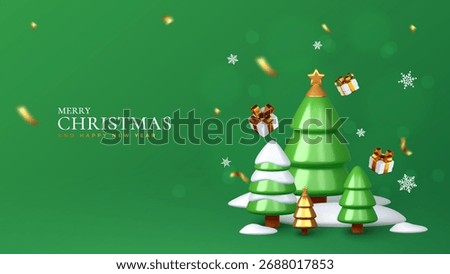 3d Christmas and New Year background with golden christmas tree, gift and snowflakes. Winter holiday greeting card design.