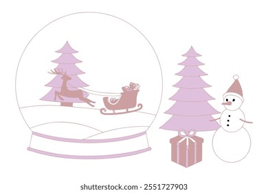 3d Christmas and new year banner. Snow covered podium decorated with reindeer sleigh, Christmas tree and gifts. Snowman and transparent bauble in the back on beige background.
