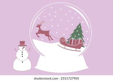 3d Christmas and new year banner. Snow covered podium decorated with reindeer sleigh, Christmas tree and gifts. Snowman and transparent bauble in the back on beige background.
