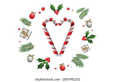 3D Christmas and New Year Decorative Design Elements Isolated on White Background. Vector Realistic  Decorations.