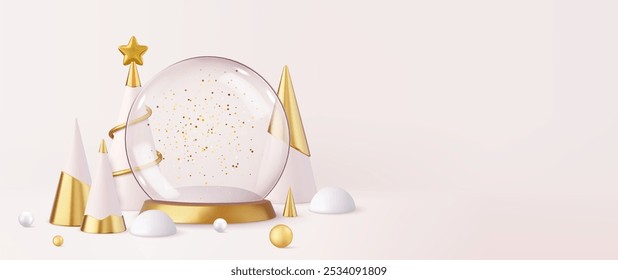 3d Christmas and New Year festive Template. Round podium studio Glass snow empty ball. Creative holiday design. Xmas winter composition. Banner and web poster. 3d rendering. Vector illustration