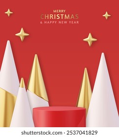 3d Christmas and New Year round podium studio with cone trees. Creative holiday template. Xmas winter composition. Banner and web poster. 3d rendering. Vector illustration