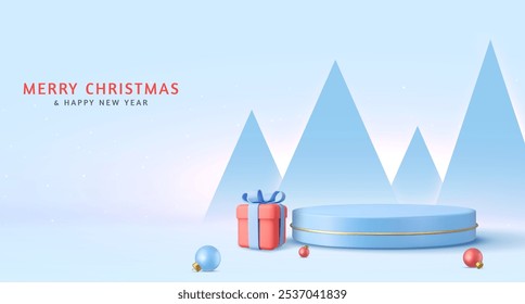 3d Christmas and New Year round podium studio with 3d bauble balls, cone trees, gift box. Creative holiday template. Xmas winter composition. Banner and web poster. 3d rendering. Vector illustration