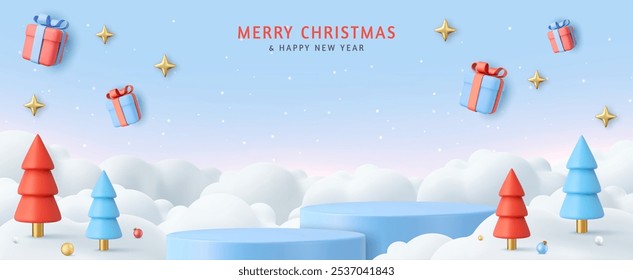 3d Christmas and New Year round podium studio with cone trees, gift box. Creative holiday template. Xmas winter composition. Banner and web poster. 3d rendering. Vector illustration