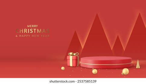 3d Christmas and New Year round podium studio with 3d bauble balls, cone trees, gift box. Creative holiday template. Xmas winter composition. Banner and web poster. 3d rendering. Vector illustration