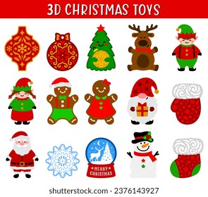 3D Christmas Ornament vector set. Decorative holiday toys. For cutting from wood, paper, vinyl or sublimation. 3D layered paper cut designs. Winter collection.