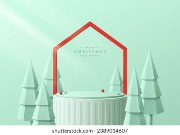 Fondo de podio de navidad 3D. Cilindro de menta verde podio con fondo de puerta roja y escena de árboles de navidad. Presentación del producto de simulación de plataformas. Composición abstracta mínima. Mostrar escenario