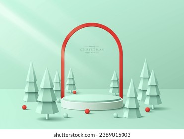 3D christmas podium background. Green mint cylinder podium with red frame backdrop and christmas tree scene. Platforms mockup product display presentation. Abstract composition minimal. Stage showcase