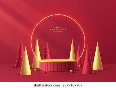 Fondo de podio de navidad 3D. Cilindro rojo de cilindro dorado con anillo de neón y escena de árboles de navidad dorados. Presentación del producto de simulación de plataformas. Composición abstracta mínima. Mostrar escenario