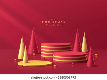 Fondo de podio de navidad 3D. Cilindro rojo de oro con escenario de árboles de navidad rojos y dorados. Presentación del producto de simulación de plataformas. Composición abstracta mínima. Mostrar escenario