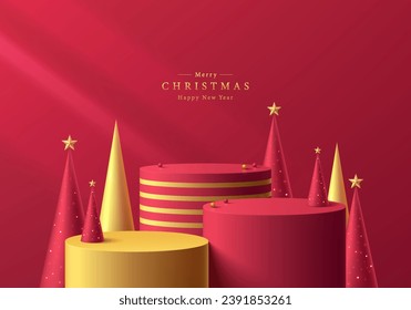 3D christmas podium background. Red golden cylinder pedestal with red, golden christmas tree scene. Platforms mockup product display presentation. Abstract composition minimal design. Stage showcase.