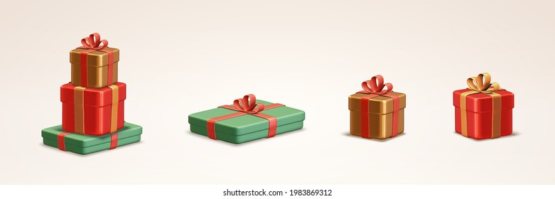 3d Christmas presents collection. Illustration of wrapped gift boxes with ribbon ties in different sizes on a white background