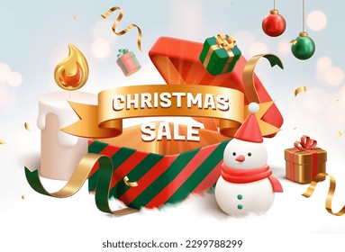 3D Christmas promotion poster. Christmas sale ribbon floating above an open gift box between snowman and candle. White fluffy floor and light blue background with bokeh effect.