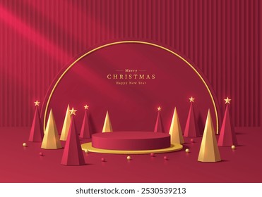 3D Christmas red podium background with red and golden pyramid shape. Abstract geometric composition in minimalist design. Studio display showroom product pedestal, Fashion stage showcase mockup scene