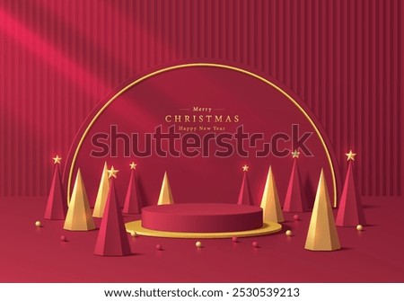 3D Christmas red podium background with red and golden pyramid shape. Abstract geometric composition in minimalist design. Studio display showroom product pedestal, Fashion stage showcase mockup scene