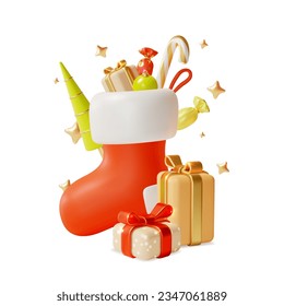 3d Christmas Red Sock Concept Cartoon Style Include of Gift Box and Candy Symbol of Xmas Holiday. Vector illustration