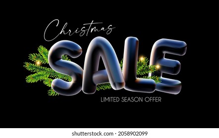 3D Christmas sale banner with fir tree branches and light effect. Realistic offer design. Great discount