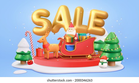 3d Christmas sale banner with Santa Claus sitting on a reindeer sleigh ride and holding gift box. Cute Xmas podium decorated with snow and Christmas trees.