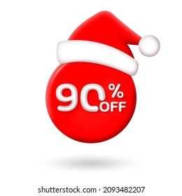 3d Christmas Sale label or icon. 90 percent price off with Santa hat. Xmas discount badge or price tag for promo design. Vector illustration.