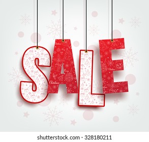 3D Christmas Sale Text Hanging for Promotion with Pattern in White Background. Realistic Vector Illustration
