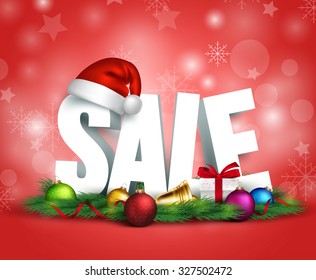 3D Christmas Sale Text for Promotion with a Christmas hat  and Decorations in Red Background. Realistic Vector Illustration
