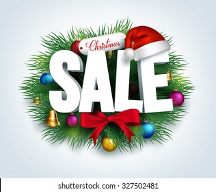 3D Christmas Sale Text for Promotion with a Leaves and Christmas Decorations in White Background. Realistic Vector Illustration
