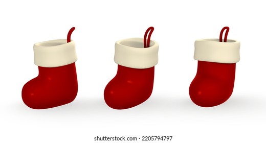 3d Christmas Santa Claus stocking. Xmas or New Year's decorative element. Vector illustration.