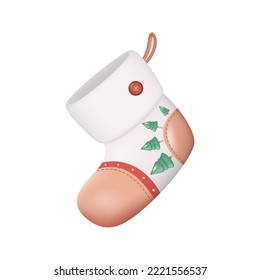 3d Christmas Santa Claus Stocking. White Xmas Sock Close-up Isolated on White Background. Vector Illustration