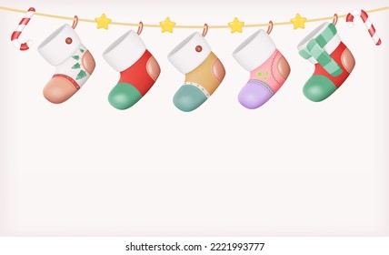 3D Christmas Santa Claus Stocking or Stock Greeting Card. Xmas Decorations on White Background with Place for Text. Shiny Plastic Illustration