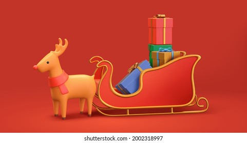 3d Christmas Santa's sleigh full of presents with a cute red nose reindeer standing aside. Holiday element isolated on red background.