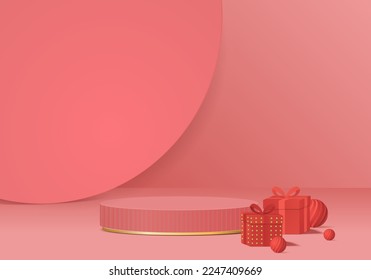 3.ª escena navideña con fondo de caja de regalo vectores de podio de oro