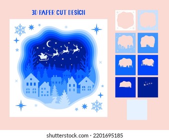 3D Christmas shadow box. Vector layered tunnel card. Santa Claus flies in a sleigh with reindeer over the winter city. Template for paper cutting. Christmas light box.