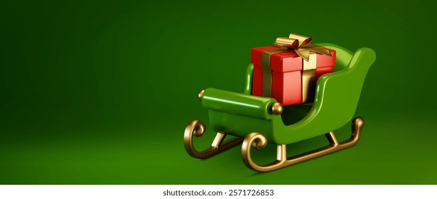 3D Christmas sleigh and gift box on green background. Vector realistic illustration of red present package with golden ribbon bow in Santa Claus sled, magic transport, holiday sale banner template