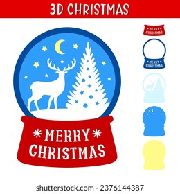 3D Christmas Snow Globe with deer and tree. Merry Christmas phrase. Holidays symbols. Paper or laser cut template. Vector illustration. For postcard, window and wall decorations, gift.