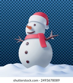 3D Christmas Snowman Decorated with Scarf and Santa Hat. Render Snowman in Snowdrift. Greeting Card, Festive Poster, Party Invitations. New Year. Realistic Vector Illustration