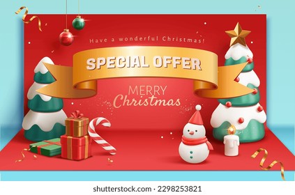 3D Christmas special offer promotion poster. Golden ribbon floating on red card with festive holiday trees and decorations.