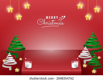 3d christmas stage banner template with spiral tree and sparkle star element
