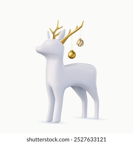 Estatua de Navidades 3D blanco elegante ciervo cornudo, oro y bolas blancas cuelgan en los cuernos. Diseño decorativo clásico de Navidad para abeto interior Año Nuevo celebrate.3d rendering. Ilustración vectorial