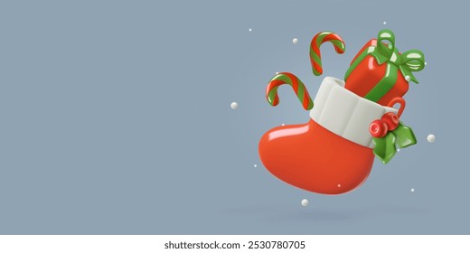 3d Christmas stocking with gifts box, candy canes and holly berry on grey background. Vector holiday red Santa sock with presents in a cute plastic style. 