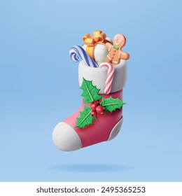 3D Christmas Stocking Isolated. Render Sock with Holly, Gift box, Gingerbread Man, Candy Cane. Happy New Year Decoration. Merry Christmas Holiday. New Year and Xmas celebration. Vector Illustration