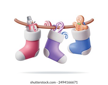 3D Christmas Stocking on Rope, Color Sock. Render Christmas Cloth Socks with Candycane, Snowman, Gingerbread Man. Hanging Holiday Decorations. New Year Xmas Celebration. Realistic Vector Illustration